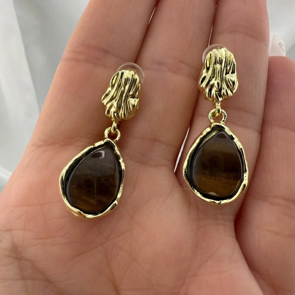 Brown Teardrop Gem Earrings –Gold Textured Statement Dangles, Retro Chic Jewelry - Picture 7 of 8